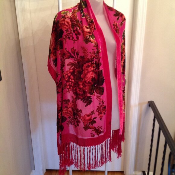 Aris A Silk Velvet Pink Floral Tassel Edge Shawl Wrap Scarf - Picture 5 of 11